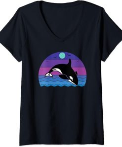 Womens Vintage Retro Orca Whale Watchers Graphic V-Neck T-Shirt