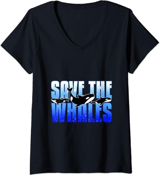 Womens Save the whales orca killer whale art design V-Neck T-Shirt