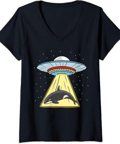 Womens Ufo Abduction Orca Whale V-Neck T-Shirt