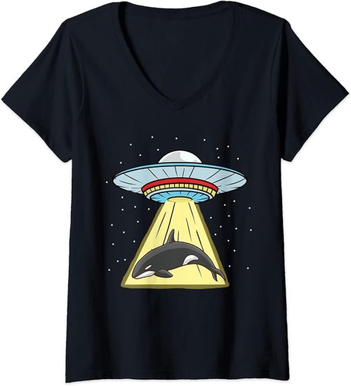 Womens Ufo Abduction Orca Whale V-Neck T-Shirt