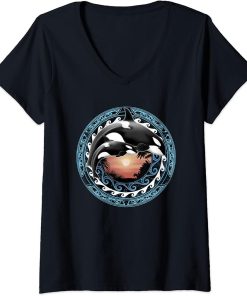 Womens Orcas Polynesian Hawaiian Whale Cute Orca V-Neck T-Shirt