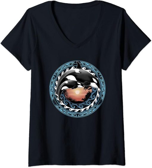 Womens Orcas Polynesian Hawaiian Whale Cute Orca V-Neck T-Shirt